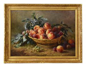 DIPINTI ANTICHI, NATURA MORTA  CON FRUTTA, CESTO DI  PESCHE E PRUGNE, OLIO SU TELA, XIX SECOLO. (QNM590)
